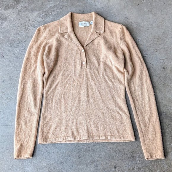 Neiman Marcus Tan Polo Henley Cashmere Collared Sweater small - Picture 1 of 8